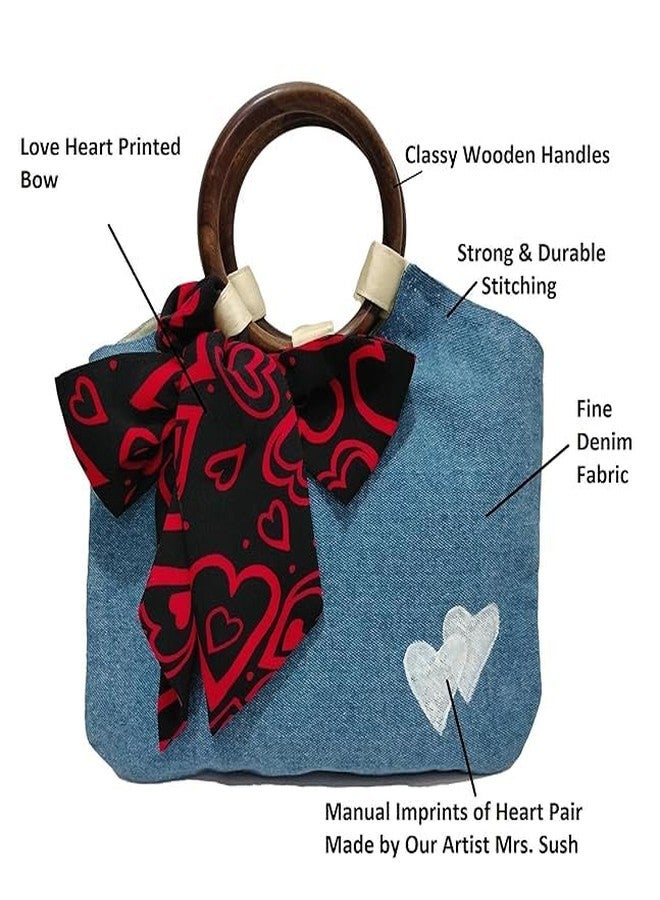 athizay combo of Love handbags Denim for women Top handle Bags with Handcrafted Red Love Heart Printed Bow Detail Wooden handles + stretch denim pouch - Image 4