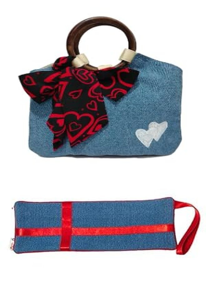 athizay combo of Love handbags Denim for women Top handle Bags with Handcrafted Red Love Heart Printed Bow Detail Wooden handles + stretch denim pouch - Image 1