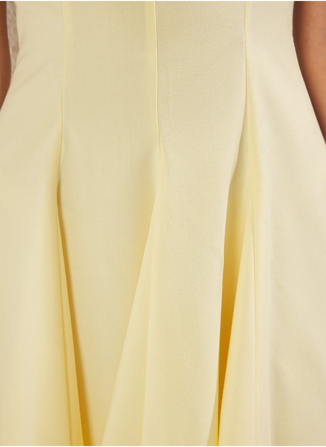 Yellow Skirt Waist Opening Crew Neck Mini Polyviscon Woven Dress