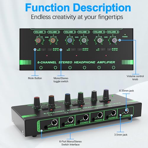 HOSONGIN 6 Channels Headphone Amplifier with Independent Volume Control, Compact Mini Earphone Splitter, Stereo/Mono Switch, Compatible with 1/4" & 1/8" TS/TRS for Studio & Stage - Image 3
