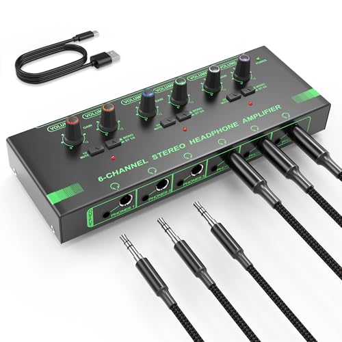 HOSONGIN 6 Channels Headphone Amplifier with Independent Volume Control, Compact Mini Earphone Splitter, Stereo/Mono Switch, Compatible with 1/4" & 1/8" TS/TRS for Studio & Stage - Image 1