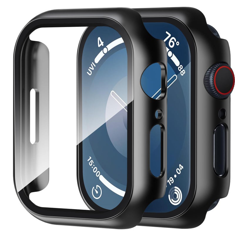 Smiling 2 Pack Hard PC Case with Tempered Glass Screen Protector Compatible with Apple Watch Series 9/8/7 45mm, Touch Sensitivity Screen Protector Scratch Resistant Watch Cover- Black - Image 1