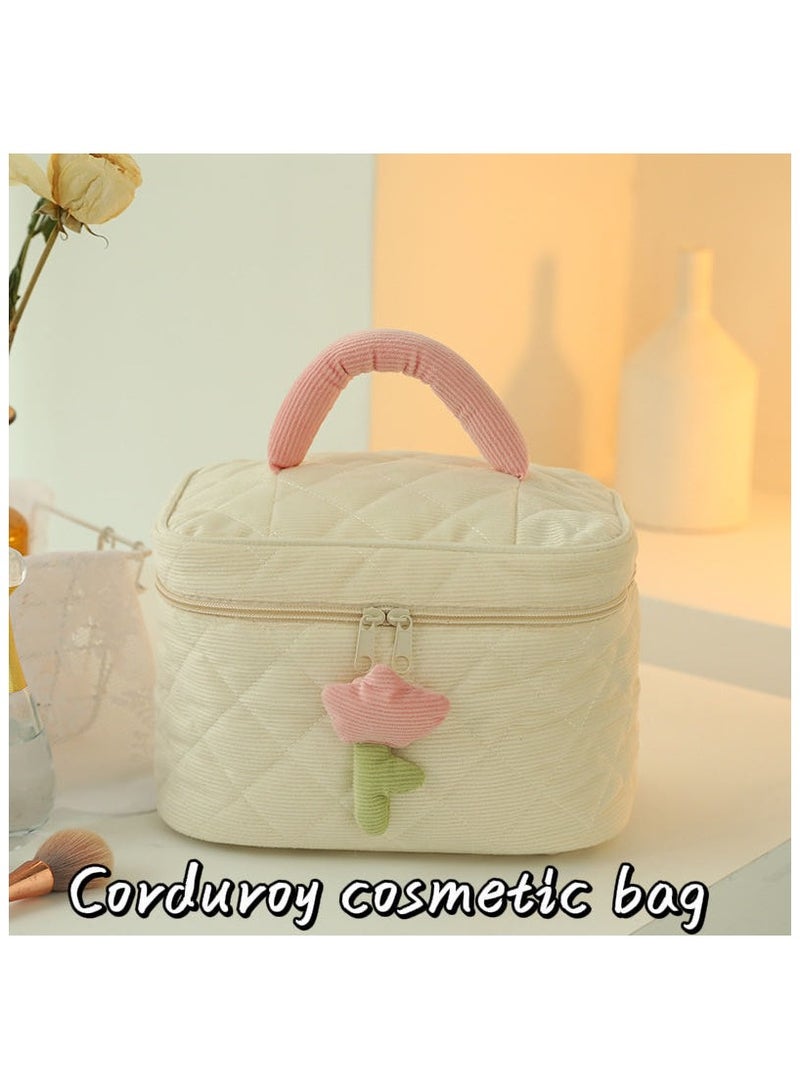 Generic Corduroy Makeup Bag ,Quilted Travel Cosmetic Organizer Bag with Tulips, Velvet Toiletry Bag with Portable Makeup Pouch for Women Girls(Cream)  - Image 1