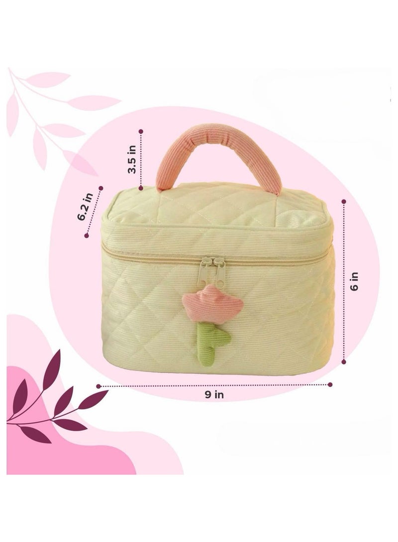 Generic Corduroy Makeup Bag ,Quilted Travel Cosmetic Organizer Bag with Tulips, Velvet Toiletry Bag with Portable Makeup Pouch for Women Girls(Cream)  - Image 2