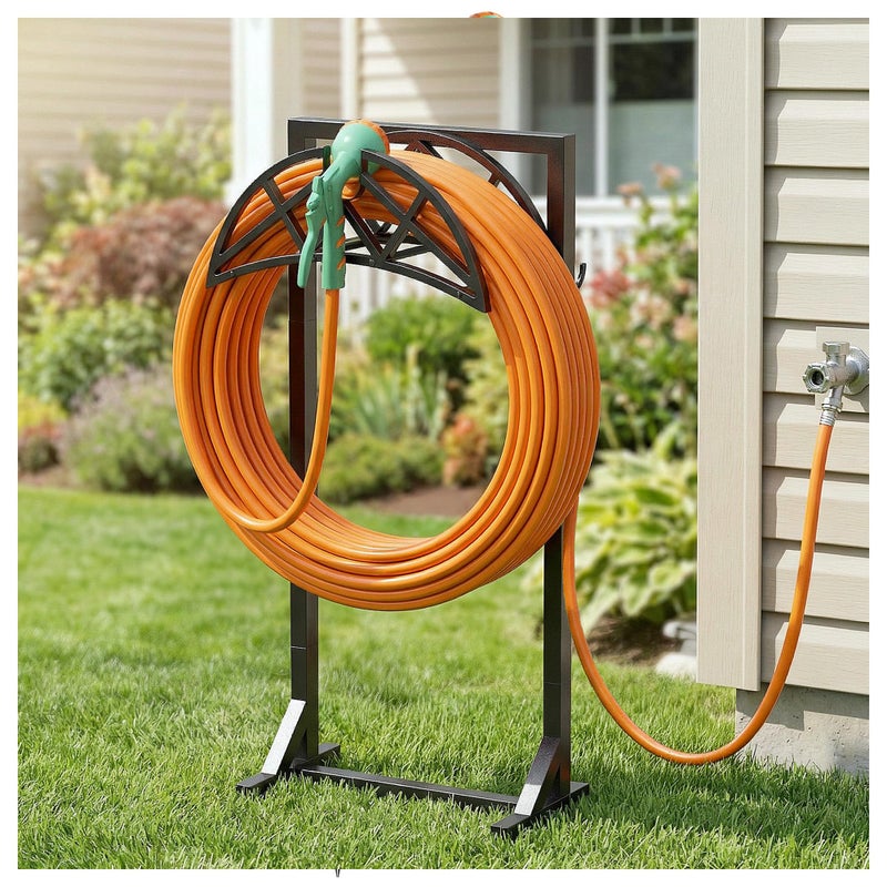 YFFSRJDJ Garden Hose Holder HeavyDuty Water Hose Reel with Stable Base 2 Tool Hooks Freestanding Storage Rack for Outside Holds 150ft Metal Stand for Yard Lawn - Image 2