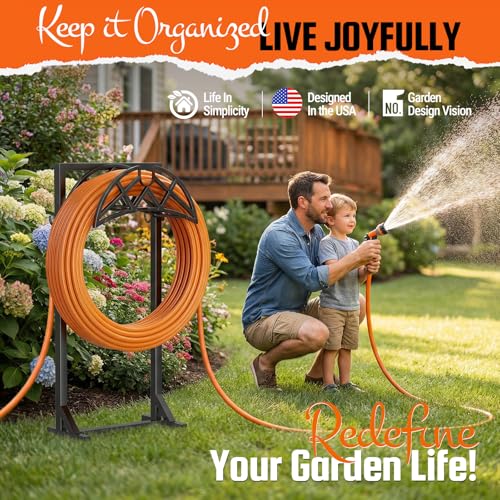 YFFSRJDJ Garden Hose Holder HeavyDuty Water Hose Reel with Stable Base 2 Tool Hooks Freestanding Storage Rack for Outside Holds 150ft Metal Stand for Yard Lawn - Image 3