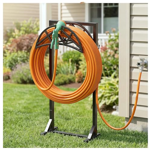 YFFSRJDJ Garden Hose Holder HeavyDuty Water Hose Reel with Stable Base 2 Tool Hooks Freestanding Storage Rack for Outside Holds 150ft Metal Stand for Yard Lawn - Image 1