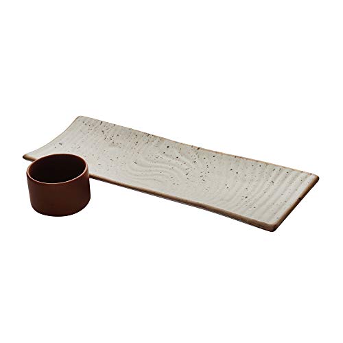 miah decor MD-314A Handcrafted Matt Finish Biege Stoneware Platter with Terracota Dip Bowl - Image 2