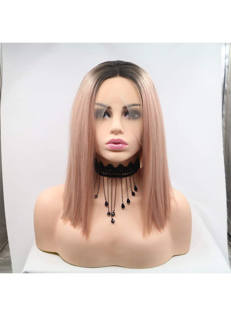 Xiweiya xiweiya Rose Gold Lace Front Wig Peach Bob 13x4 Lace Front Wig Short Straight Pink Hair Natural Harline Middle Part Soft Wig Heat Resistant Fiber 180% Denstiy Hair for Women Drag Queen 14 Inch 