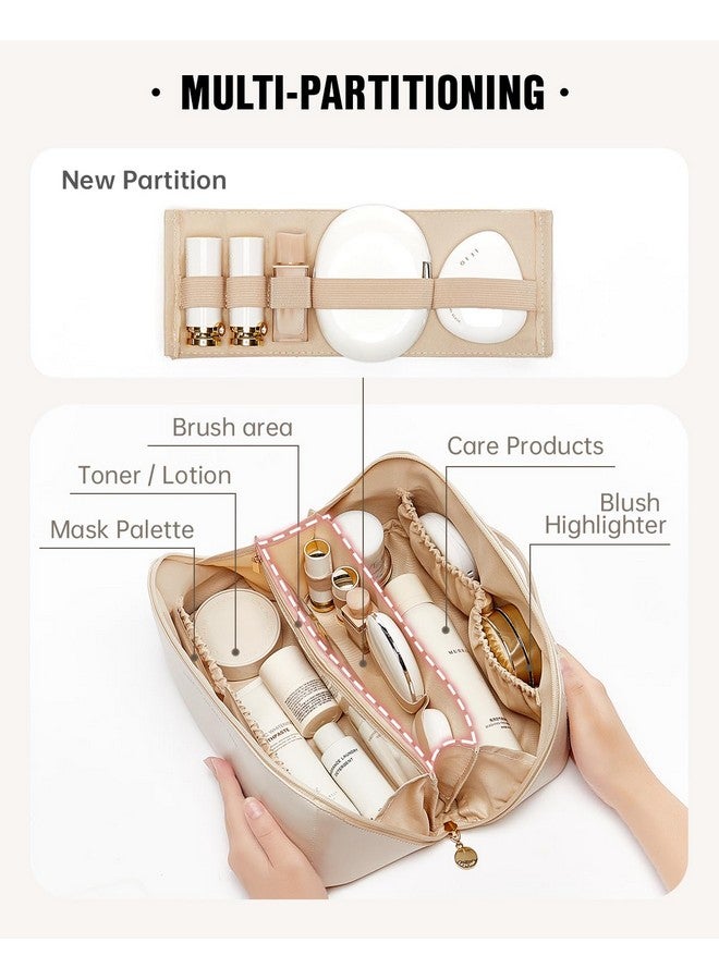 EACHY Travel Makeup Bag, Large Capacity Cosmetic Bags for Women, Waterproof Portable Open Flat Toiletry Bag Make up Bag with Divider and Handle, Gifts for Women (White, Large) - Image 2