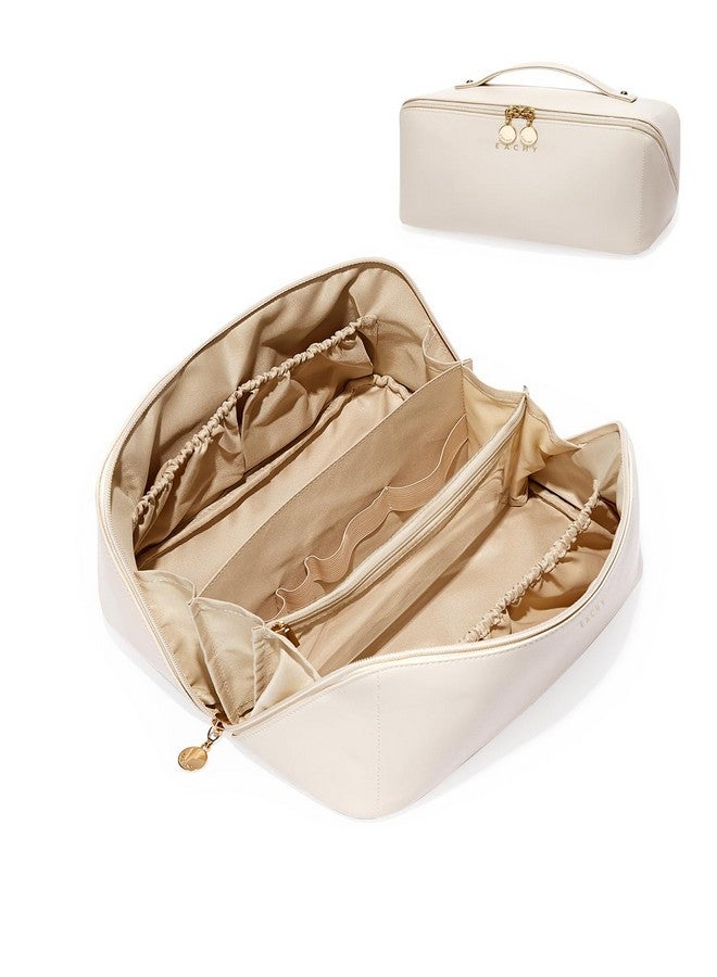 EACHY Travel Makeup Bag, Large Capacity Cosmetic Bags for Women, Waterproof Portable Open Flat Toiletry Bag Make up Bag with Divider and Handle, Gifts for Women (White, Large) - Image 1