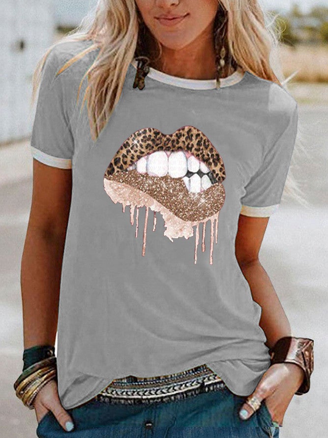 wish fun leopard print lip pattern printed edge contrast short sleeve t-shirt - Image 1