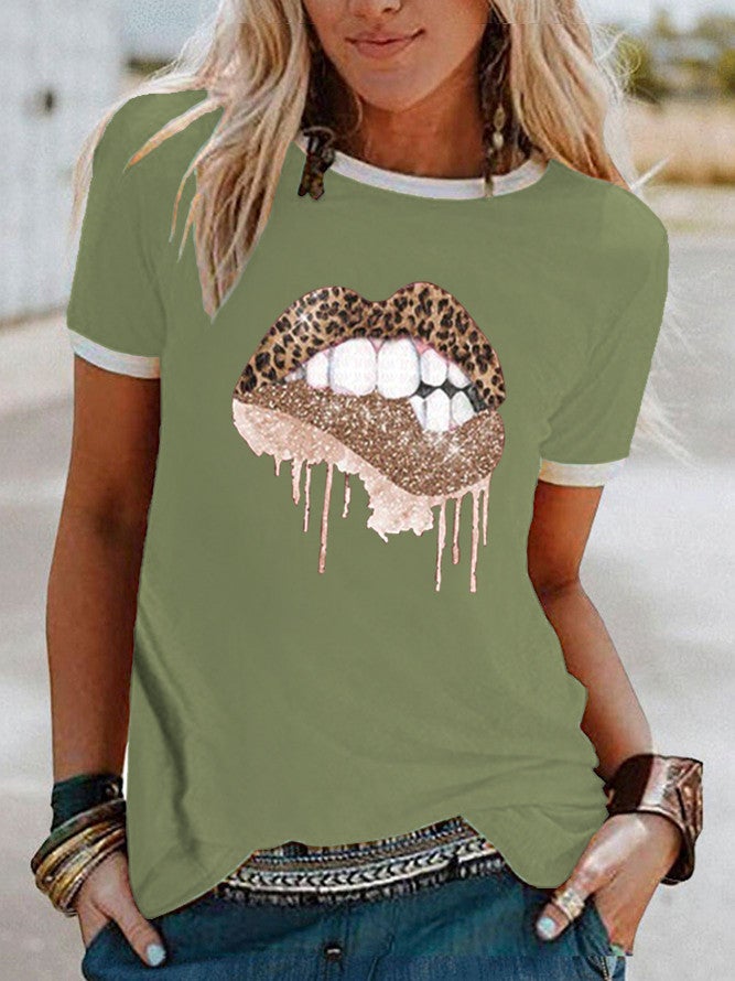 wish fun leopard print lip pattern printed edge contrast short sleeve t-shirt - Image 5