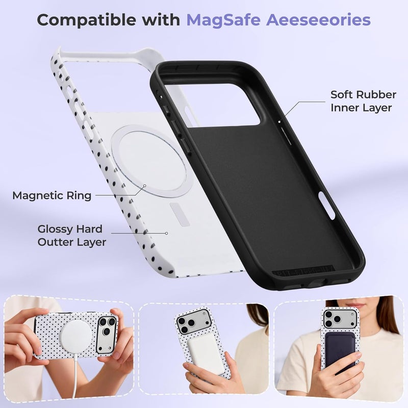 حافظة مغناطيسية من لهاتف iPhone 17 Pro، بتصميم نقاط متناثرة جميل، غطاء واقي ناعم من البلاستيك الخالي من الرصاص (TPU)، مقاوم للصدمات، أنيق، مناسب للفتيات والنساء – اللون الأبيض. - Image 3