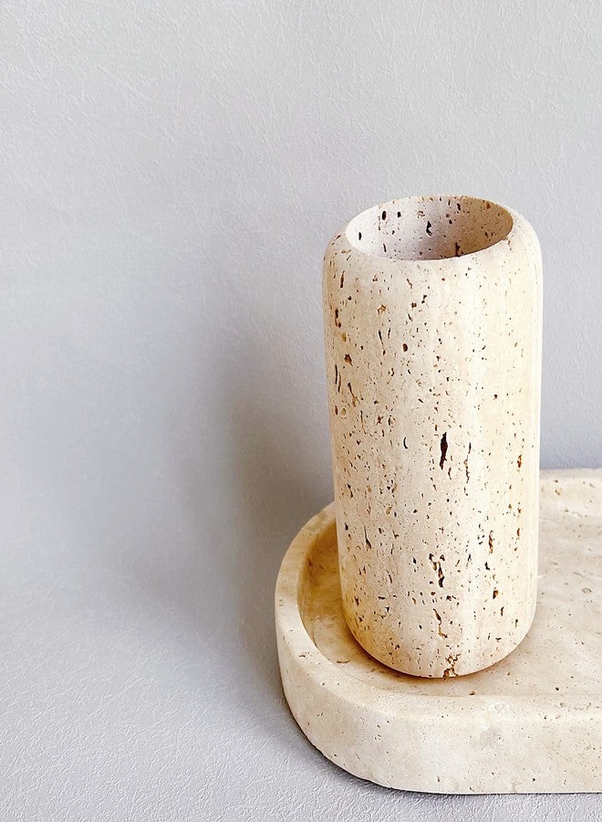 StonePlus Natural Beige Marble Travertine Toothbrush Holder Makeup Brush Holder Bathroom Countertop Organizer (Rice White Travertine) - Image 5