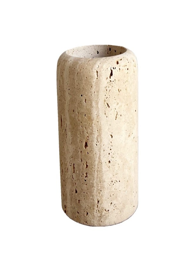 StonePlus Natural Beige Marble Travertine Toothbrush Holder Makeup Brush Holder Bathroom Countertop Organizer (Rice White Travertine) - Image 1