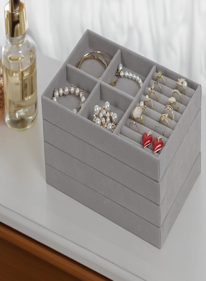 DGOOLS Jewelry Organizer Tray,Stackable Velvet Jewelry Trays,Drawer Inserts Earring Organizer For Women Girls Jewelry Storage Display Case for Rings Stud Necklaces,Set of 4(Grey) - Image 2