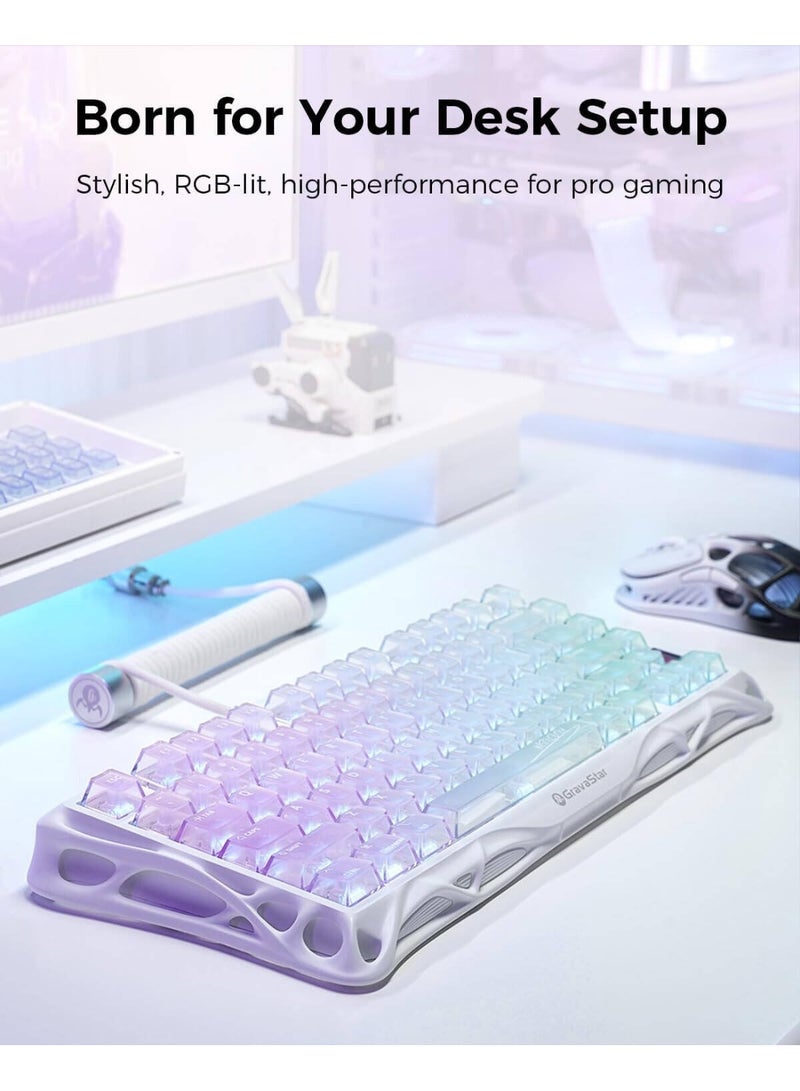 جرافا ستار لوحة مفاتيح الألعاب الميكانيكية اللاسلكية Mercury K1 Lite 75% – ثلاثية الوضع (سلكي/بلوتوث/2.4G)، إضاءة خلفية RGB، مثبتة بإطار، مفاتيح شفافة، مفاتيح BSUN خطية، بطارية 4000mAh، كريستال أورورا - Image 3