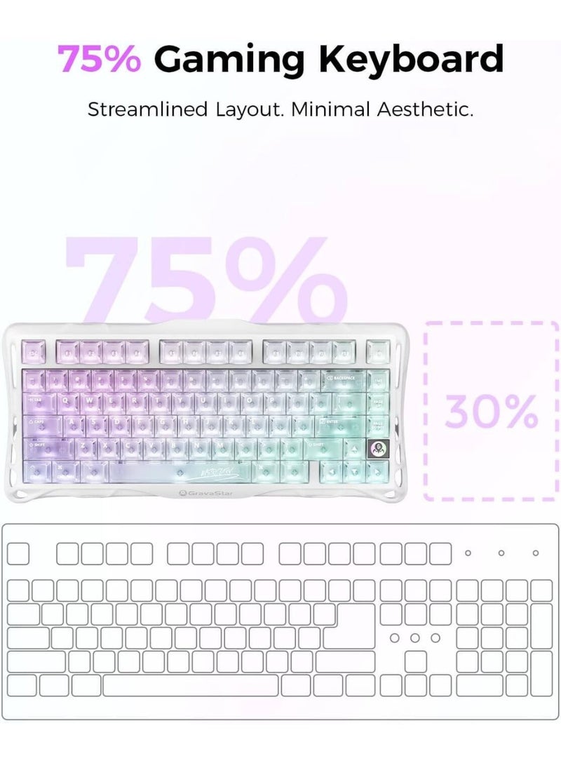 جرافا ستار لوحة مفاتيح الألعاب الميكانيكية اللاسلكية Mercury K1 Lite 75% – ثلاثية الوضع (سلكي/بلوتوث/2.4G)، إضاءة خلفية RGB، مثبتة بإطار، مفاتيح شفافة، مفاتيح BSUN خطية، بطارية 4000mAh، كريستال أورورا - Image 4