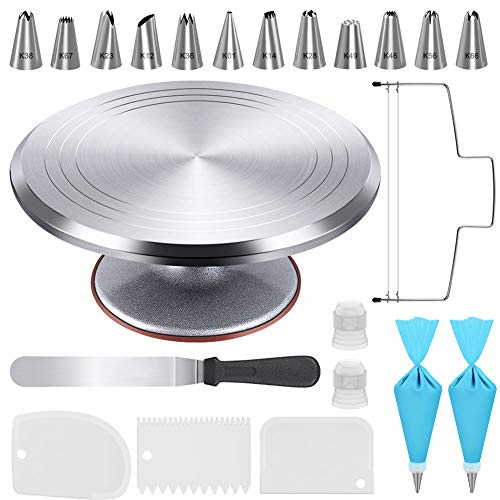 Kootek 22pcs Cake Decorating Supplies Kit Baking Tools with 12 Aluminium Cake Turntable Rotating Cake Stand Piping Bags and Tips Set Icing Spatula Cake Leveler 3 Icing Scrapers for Mothers Day