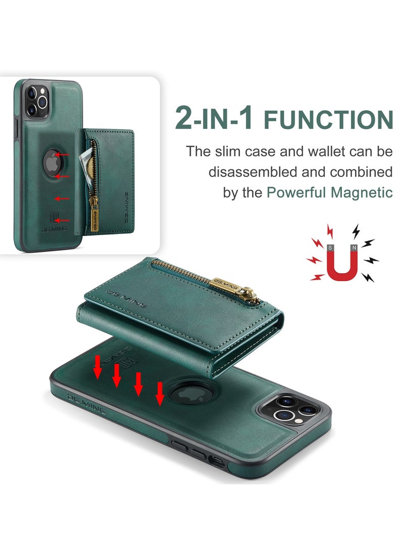 DGMING - CaseMe Wallet Case for iPhone 12 Pro MAX DGMING Premium Leather Phone Case Back Cover Magnetic Detachable with Trifold Wallet Card Holder Pocket - Green - Image 1