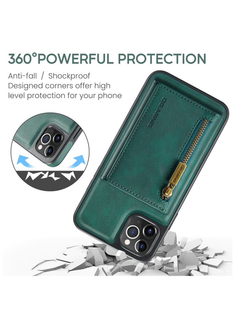 DGMING - CaseMe Wallet Case for iPhone 12 Pro MAX DGMING Premium Leather Phone Case Back Cover Magnetic Detachable with Trifold Wallet Card Holder Pocket - Green - Image 1