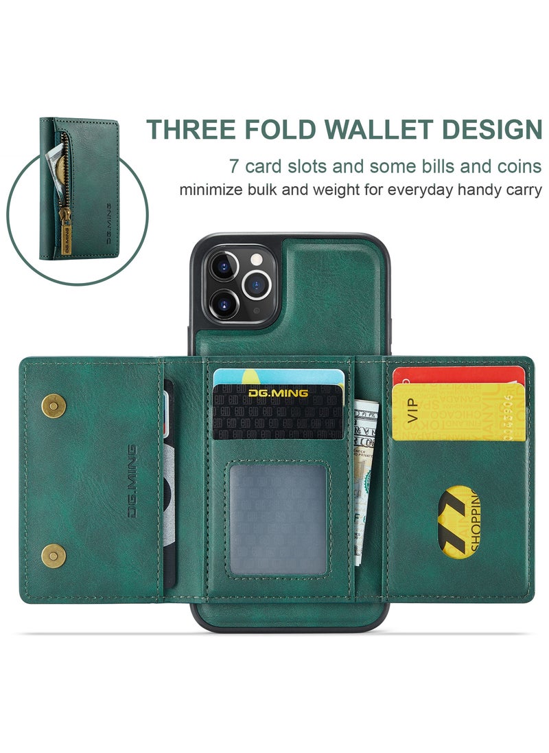 DGMING - CaseMe Wallet Case for iPhone 12 Pro MAX DGMING Premium Leather Phone Case Back Cover Magnetic Detachable with Trifold Wallet Card Holder Pocket - Green - Image 1