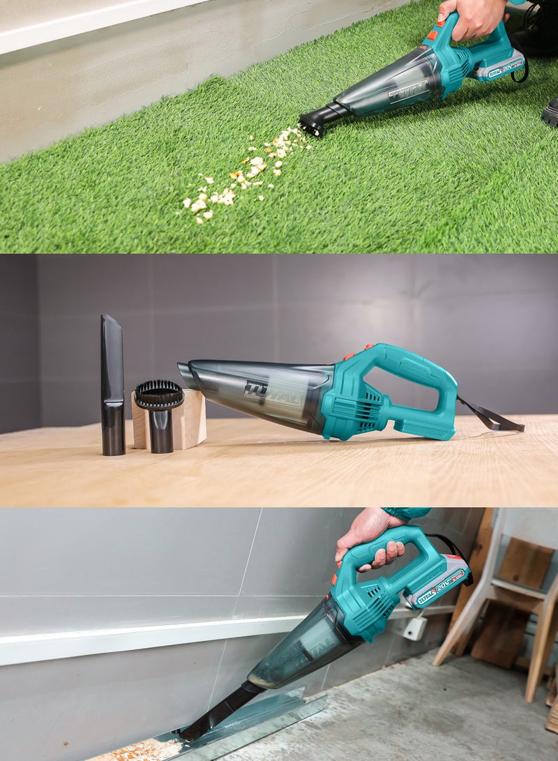 TOTAL 20V Cordless Handheld Vacuum Cleaner (9kpa Suction) - 0.5L Dust Capacity with 2.0Ah Battery & Fast Charger - Includes Crevice Nozzle & Soft Bristle Brush - TVLI20126 - Image 4