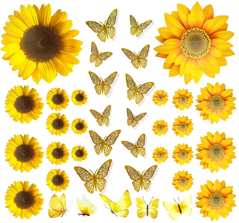 39PCS Sunflower Wall Stickers  3D Gold Butterfly Wall StickersPeel and Stick Yellow Sunflower Wall DecorRemovable Waterproof Wall Decals for Living Room Bathroom Bedroom Decoration