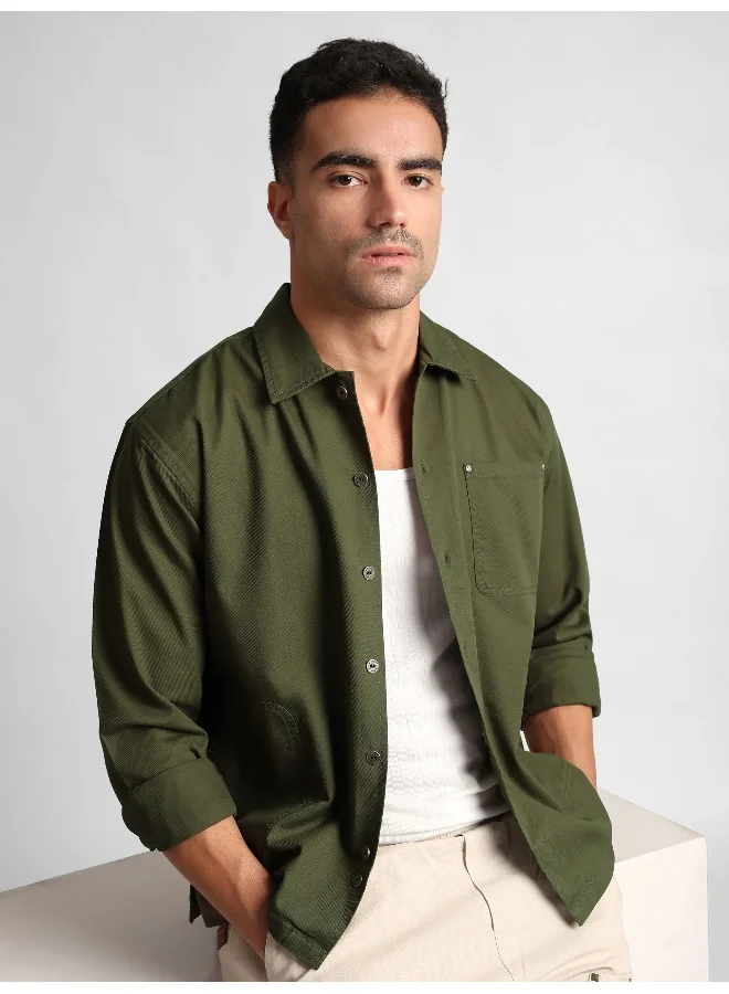 Beyoung Olive Solid Multipocket Shacket