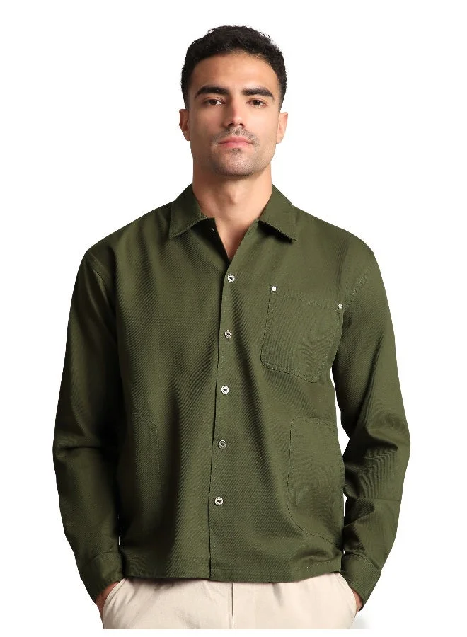 Beyoung Olive Solid Multipocket Shacket