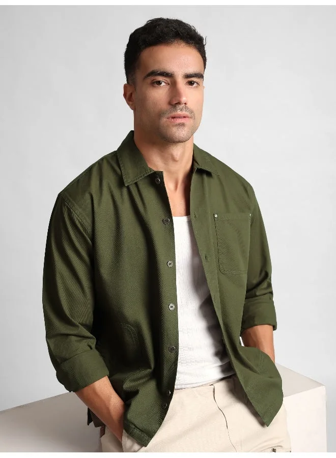 Beyoung Olive Solid Multipocket Shacket