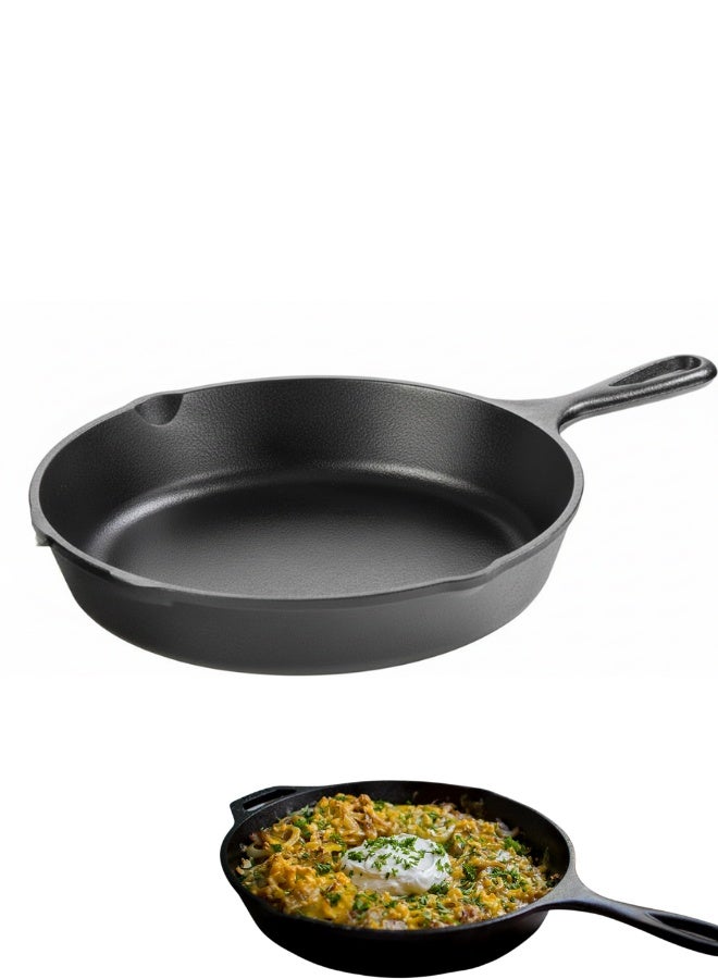 مقلاة حديد زهر Cast Iron Skillet بحجم 10 إنش للطهي والشوي والقلي مع توزيع حرارة متساوي واحتفاظ حراري عالي – مقلاة طهي ثقيلة بيد مريحة وصنبور صب جانبي للشوربة والزيوت – مناسبة للموقد الغاز والكهرباء والاندكشن والفرن حتى درجات حرارة عالية – مقلاة غير لاصقة بعد التتبيل وممتازة لتحمير اللحوم والخضروات والبيض والبانكيك وتحضير الفاهيتا والأطباق المشوية داخل المنزل وخارج المنزل وعلى الشواية والمخيم – متينة تدوم لسنوات ومصممة للطهاة والمستخدمين المحترفين وتوفر أداءً ثابتًا للطهي الصحي - Image 1