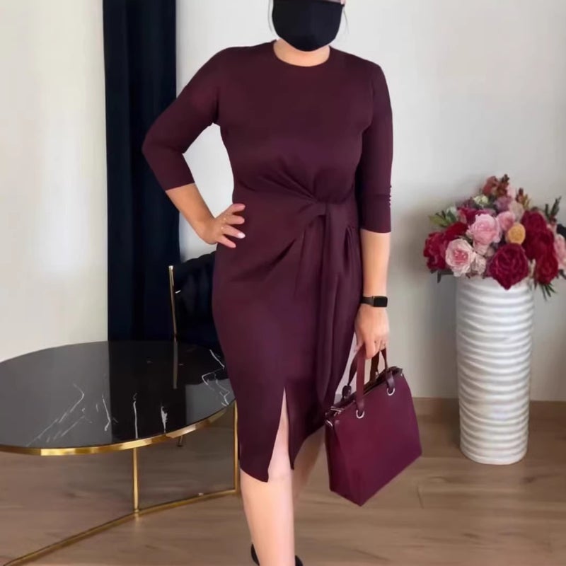 Women's Bow Tie Three-Quarter Sleeve Round Neck Fitted Dress - Image 1