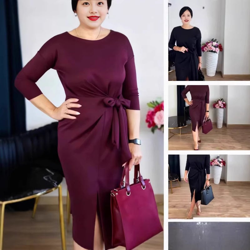 Women's Bow Tie Three-Quarter Sleeve Round Neck Fitted Dress - Image 3