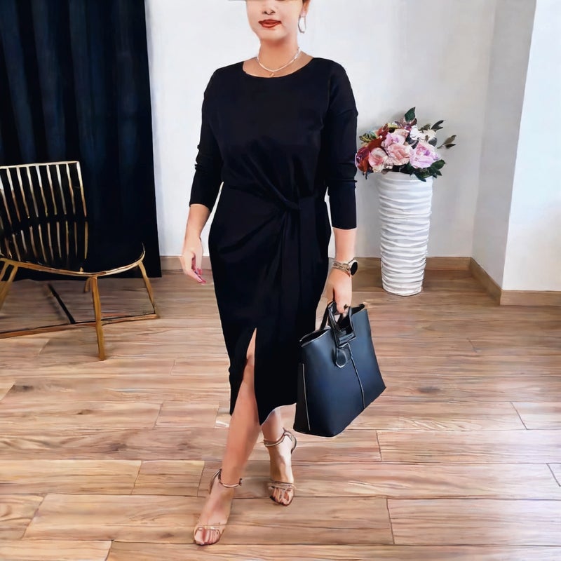 Women's Bow Tie Three-Quarter Sleeve Round Neck Fitted Dress - Image 4