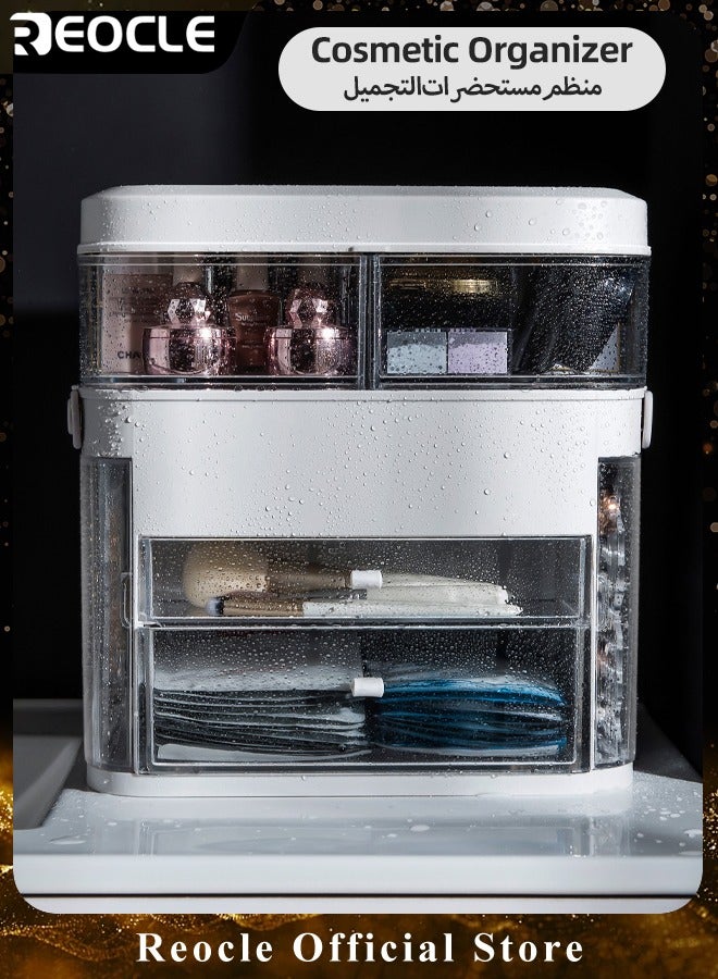 ريوكل منظم مكياج مع مرآة إضاءة LED مقاومة للغبار والماء لتخزين مستحضرات التجميل، رائع لطاولة الحمام وغرفة النوم وخزانة الملابس - Image 1