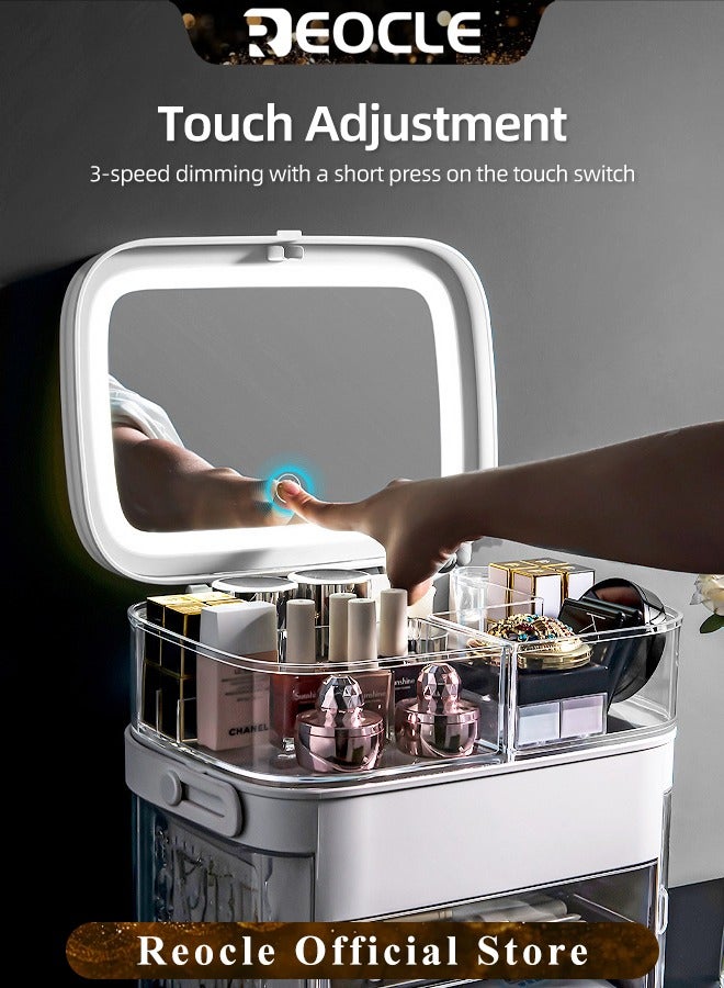 ريوكل منظم مكياج مع مرآة إضاءة LED مقاومة للغبار والماء لتخزين مستحضرات التجميل، رائع لطاولة الحمام وغرفة النوم وخزانة الملابس - Image 3