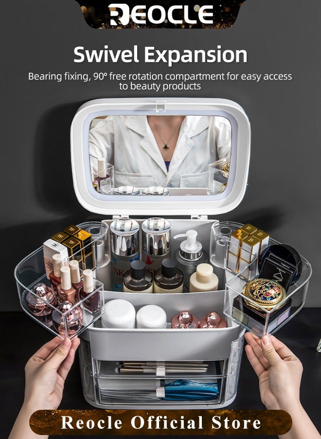 ريوكل منظم مكياج مع مرآة إضاءة LED مقاومة للغبار والماء لتخزين مستحضرات التجميل، رائع لطاولة الحمام وغرفة النوم وخزانة الملابس - Image 5