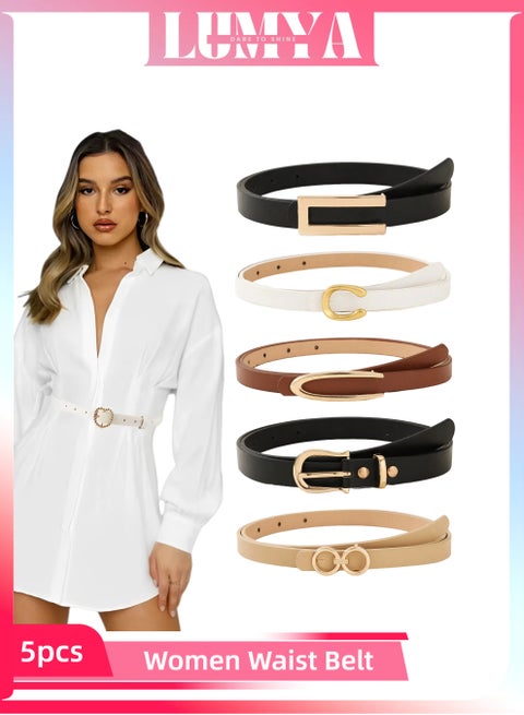 مجموعة أحزمة جلدية رفيعة للنساء مكونة من 5 قطع، حزام خصر إكسسوارات، حزام خصر نسائي، أحزمة خصر رفيعة قابلة للتعديل مع مشبك معدني للجينز والسراويل والفساتين، طراز عتيق أنيق