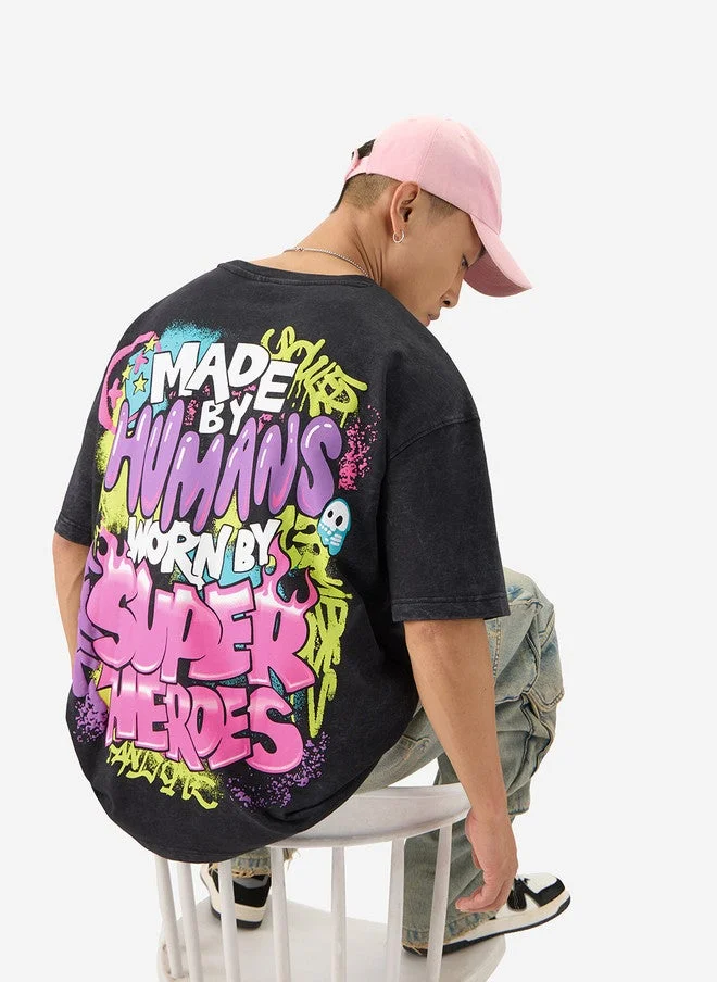 The Souled Store  Made By Humans Oversized Fit Printed Black T-Shirt  | Best Price UAE