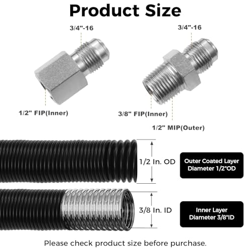 Lemfema 36" Non-Whistle Flexible Flex Gas Line Connector Kit for NG and LP Fire Pit and Fireplace Stainless Steel Hose-1/2" OD x 3/8" ID Black Hose With 1/2" MIP x 1/2" FIP Connector - Image 2