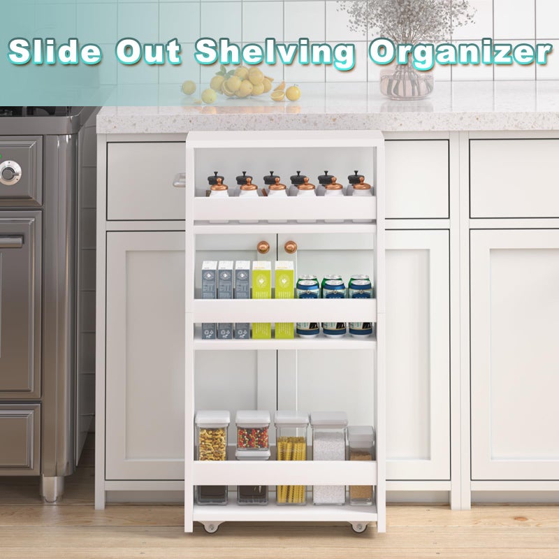 MARTY White Slim Storage Cart with Wheels, 4 Tier Rolling Utility Cart with Handle Slide Out Shelving Unit Organizer Trolley for Laundry Kitchen Bathroom Narrow Places Small Corner - Image 3