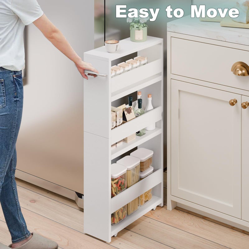 MARTY White Slim Storage Cart with Wheels, 4 Tier Rolling Utility Cart with Handle Slide Out Shelving Unit Organizer Trolley for Laundry Kitchen Bathroom Narrow Places Small Corner - Image 2
