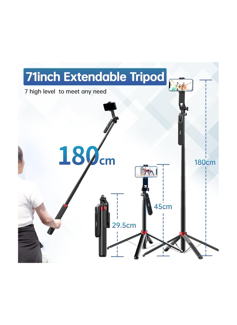 Ulanzi ULANZI MA09 Extendable Phone Tripod, 71" Selfie Stick Phone Vlog Tripod Stand Quadrapod with All in 1 Phone Clip, Travel Tripod Phone Holder with Rechargeable Remote  - Image 3