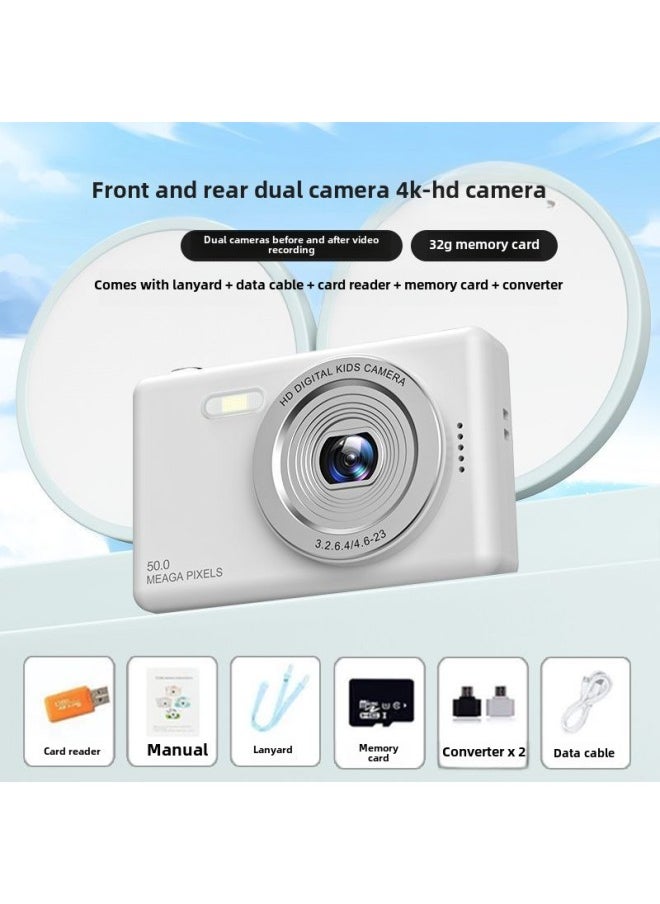 Generic Dual-camera HD Pixel Ccd Digital Camera Self-timer Vlog Small Card Machine Student Campus Introduction To Mobile Phone-Body Color: Xx*6 Milk White - Camera + 32g Memory / Can Take 5,000 Photos + 100 Videos  - Image 1