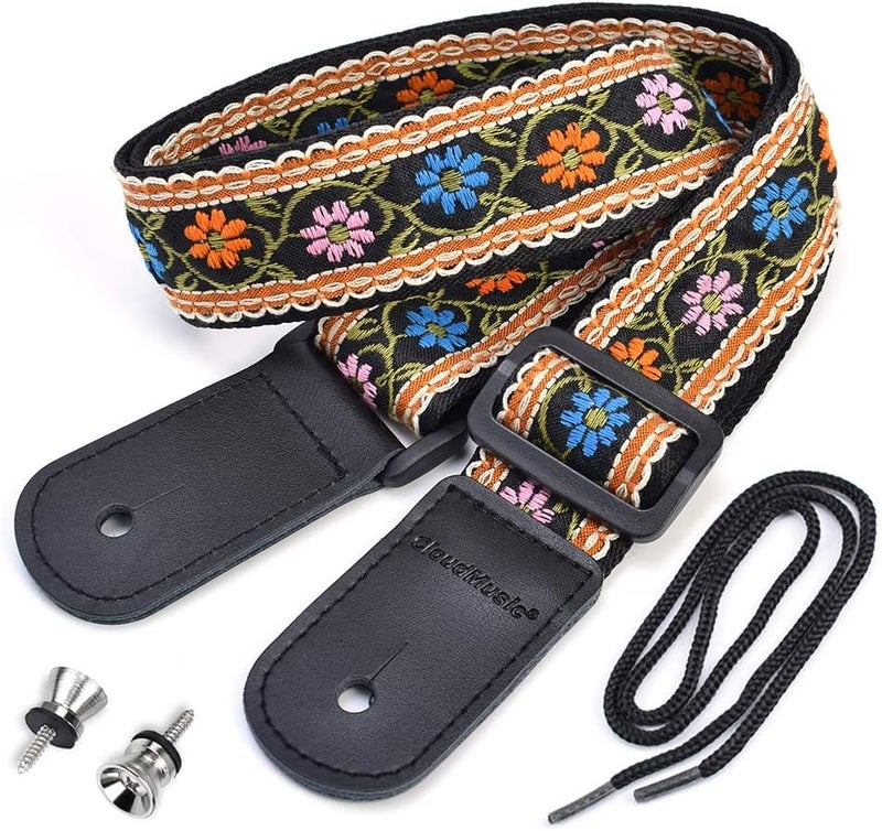 CLOUDMUSIC Tenor Concert Soprano Baritone Ukulele Strap Coloful Hawaii Floral Jacquard For Adult Size And Kids(Blue Orange Pink Flowers) - Image 1