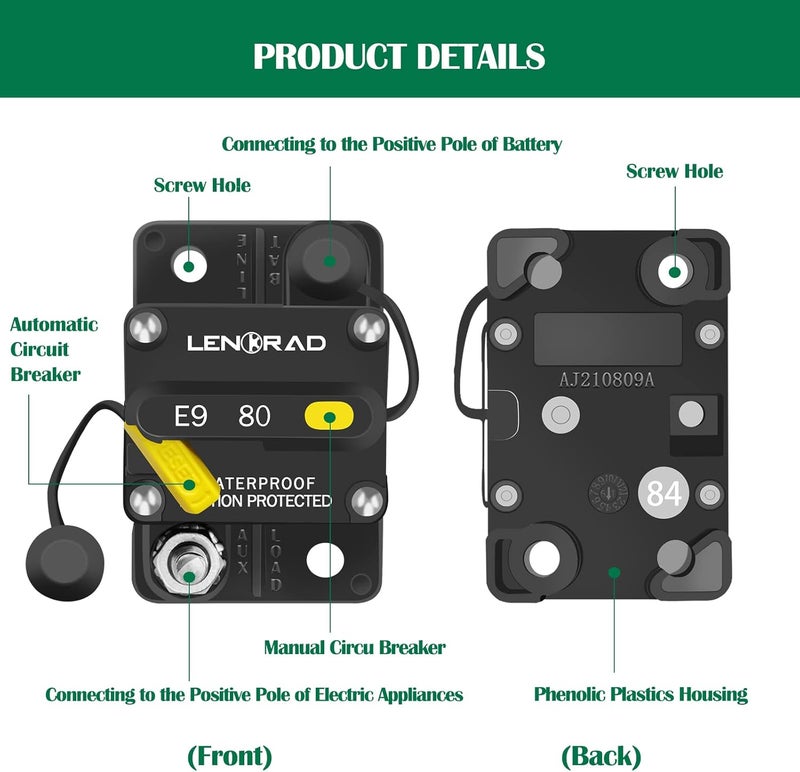 LENKRAD 80 Amp Marine Circuit Breaker Resettable 80A with Manual Reset Switch Button for Boat, Trolling, RV, Yacht, 12V - 48V DC, Waterproof, Surface Mount(80 Amp Boat Circuit Breaker) - Image 5