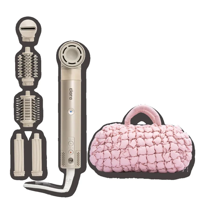 CLARA The All-in-One Gold Styling Bundle – CLARA Gold 6-in-1 Ionic Multi Styler with Auto-Wrap Curlers, Blow Dryer, Round & Oval Brushes & Pink Quilted Hair Tool Storage Bag