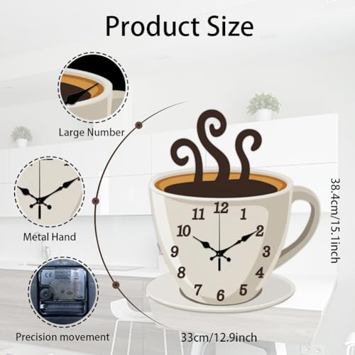 CHGCRAFT Coffee Wall Clock Coffee Cup Non-Ticking Clock Irregular Shape Decorative Wall Clocks Printed Clock for Home Office Decoration,15×13 inch - Image 2